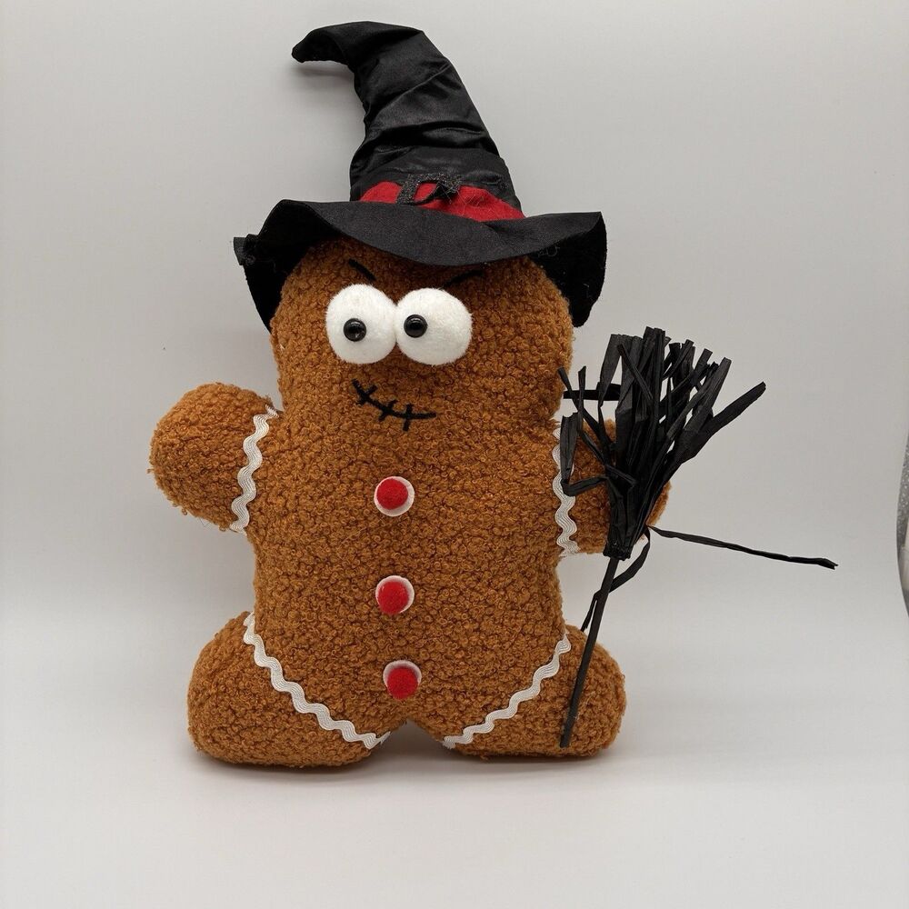 Halloween Plush Gingerbread Man Witch Decor. W/ Weighted Feet To Stand 7”x12”